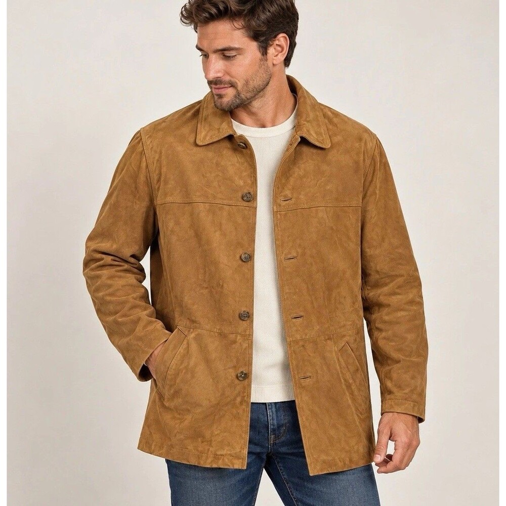 Jos A Bank Mens L Suede Leather Jacket Brown Tan Button Front Coat